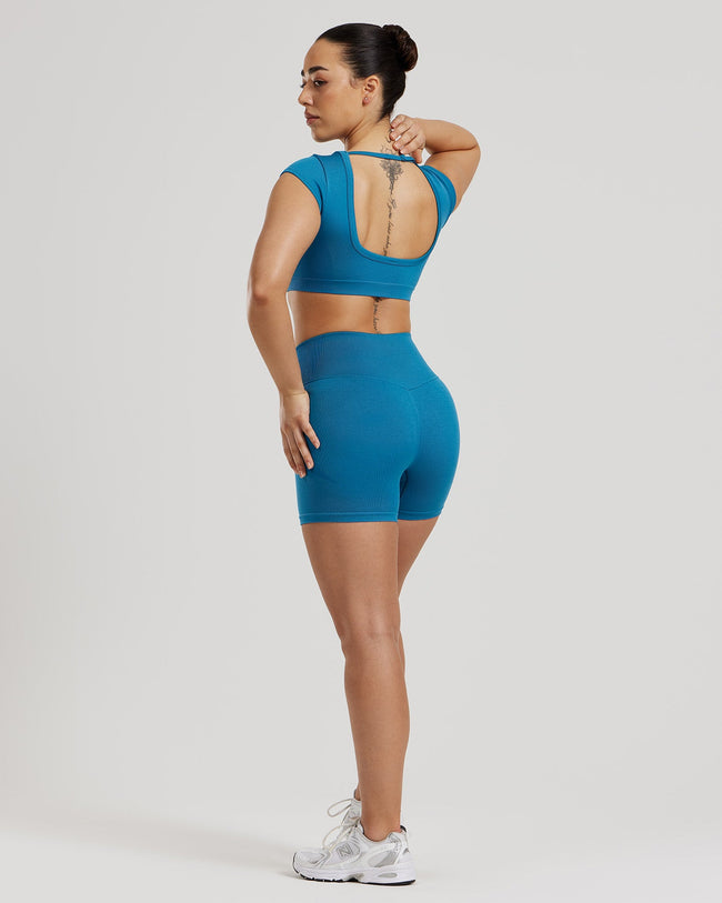 Motion Seamless Open Back Short Sleeve Crop Top | Peacock Blue