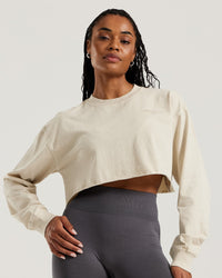 Comfort Vintage Look Oversized Cropped Long Sleeve T-Shirt | Stone