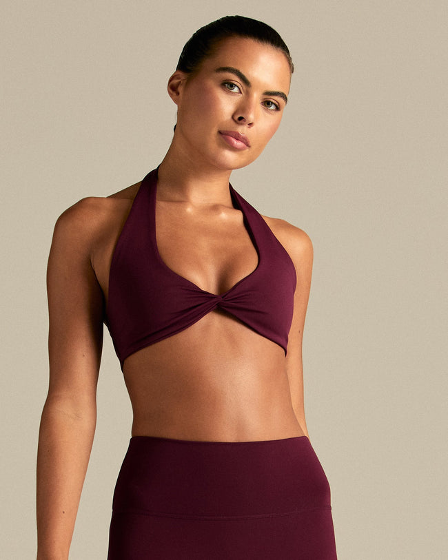 Essential Twist Front Halter Bra | Merlot