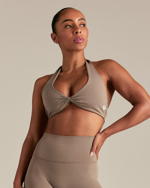 Essential Twist Front Halter Bra - Taupe Grey | Women's Best