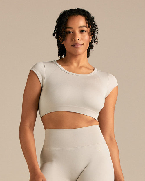 Motion Seamless Open Back Short Sleeve Crop Top | Stone