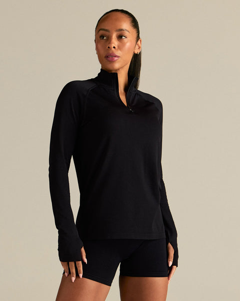 トップス Optstuff DRAWSTRING LONG SLEEVE T-SHIRT Lightweight Long Sleeve 1/4 Zip Top - Black | Women's Best