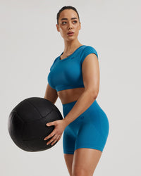 Motion Seamless Open Back Short Sleeve Crop Top | Peacock Blue