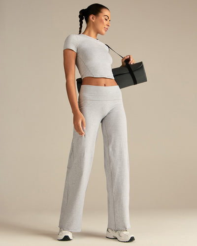 Cotton Contour Fold Over Straight Leg Pants | Grey Marl