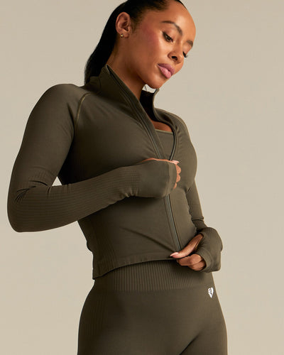Power Seamless Long Sleeve Full Zip Jacket | Dark Olive